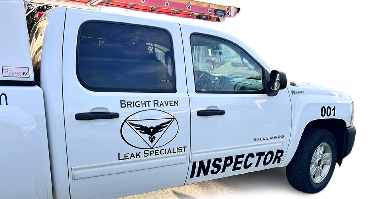 A white truck with the words " bright raven leak specialist " on it.